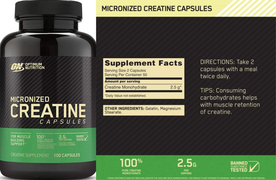 Official label of Optimum Nutrition Micronized Creatine Capsules 2.5 g (NIH DSLD #276660)