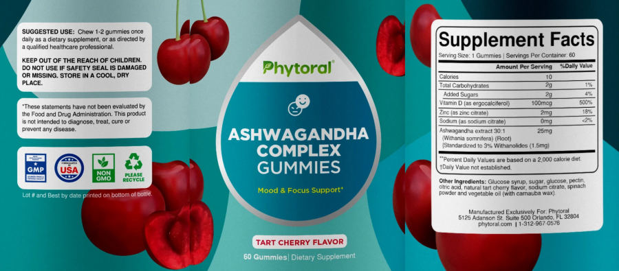 Official label of Phytoral Ashwagandha Complex Gummies Tart Cherry Flavor (NIH DSLD #277151)