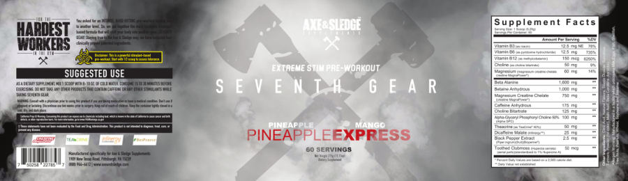 Official label of Axe & Sledge Supplements Seventh Gear Pineapple Express (NIH DSLD #277753)