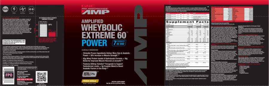 Official label of GNC Pro Performance AMP Amplified Wheybolic Extreme 60 Power French Vanilla (NIH DSLD #27809)
