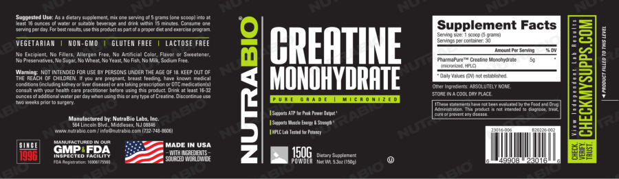 Official label of NutraBio Creatine Monohydrate (NIH DSLD #278236)