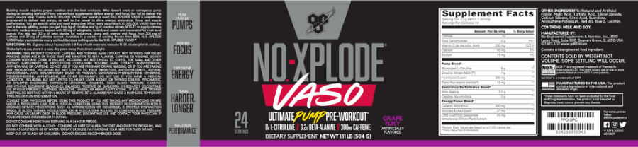 Official label of BSN N.O.-Xplode Vaso Grape Fury (NIH DSLD #278659)