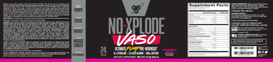 Official label of BSN N.O.-Xplode Vaso Watermelon Smash (NIH DSLD #278663)