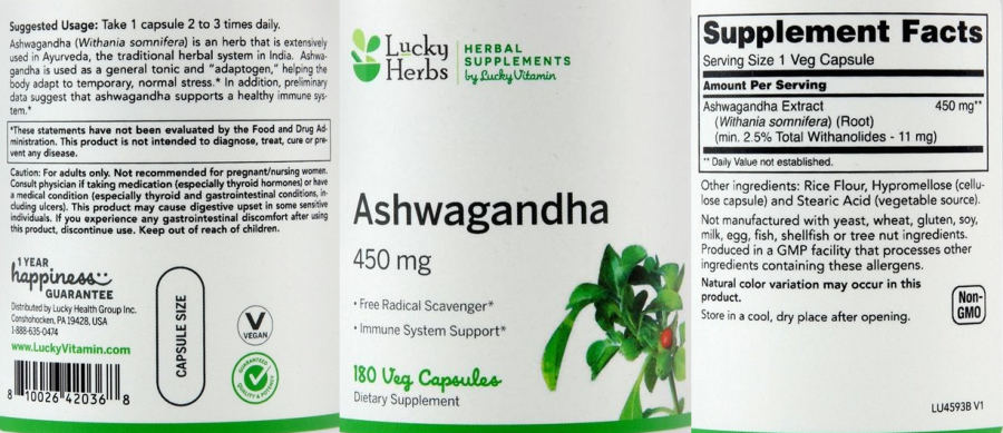Official label of LuckyHerbs Ashwagandha 450 mg (NIH DSLD #283101)
