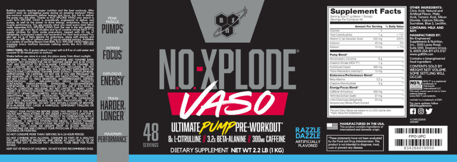 Official label of BSN N.O.-Xplode Vaso Razzle Dazzle (NIH DSLD #284180)