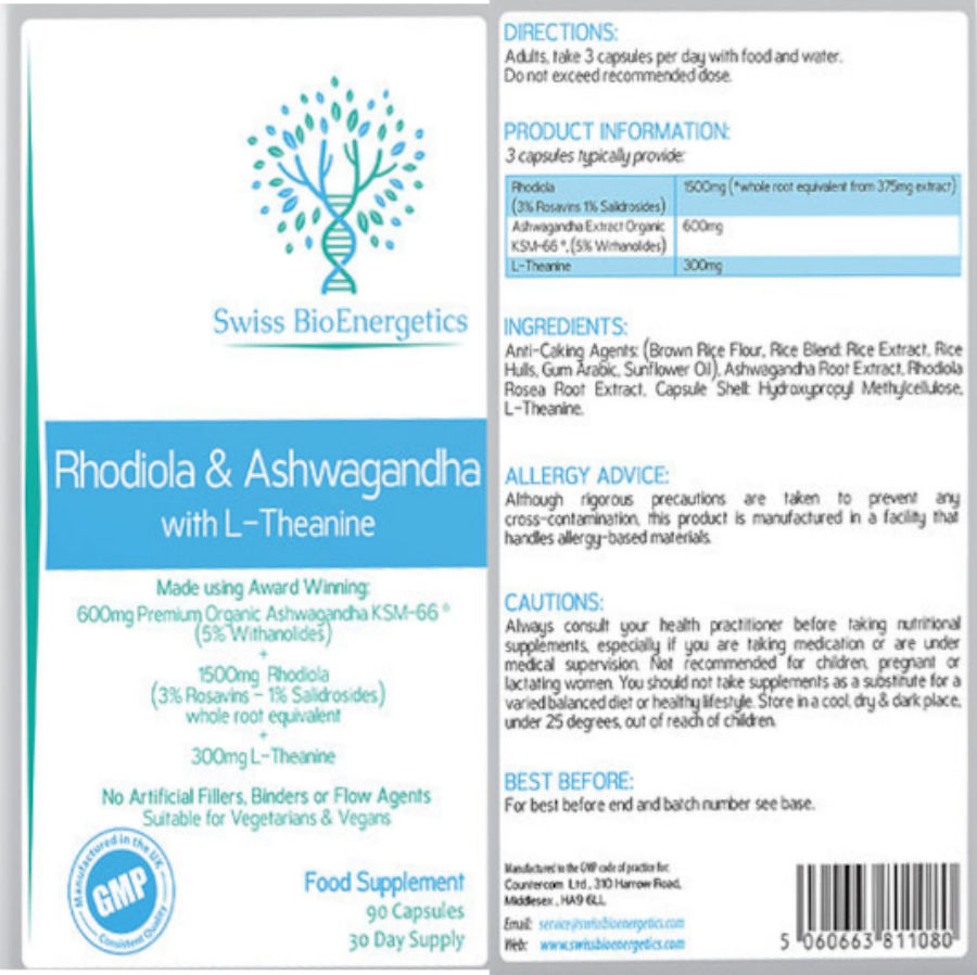 Official label of Swiss BioEnergetics Rhodiola & Ashwagandha with L-Theanine (NIH DSLD #284371)