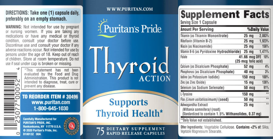 Official label of Puritan's Pride Thyroid Action (NIH DSLD #285653)