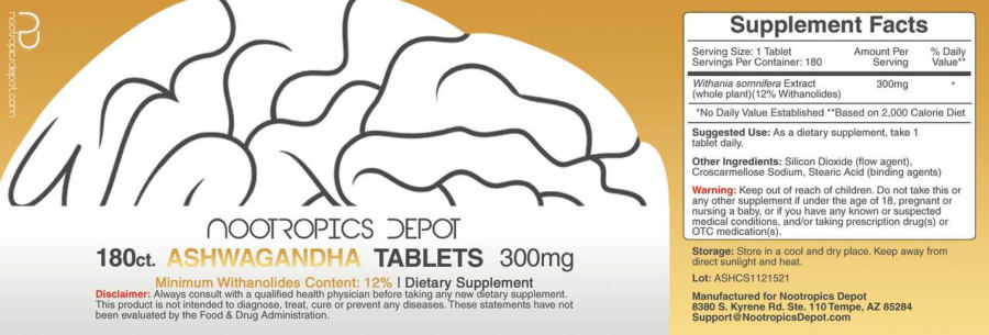 Official label of Nootropics Depot Ashwagandha 300 mg (NIH DSLD #285684)