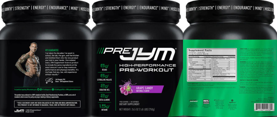 Official label of JYM Supplement Science Pre JYM Grape Candy (NIH DSLD #286245)