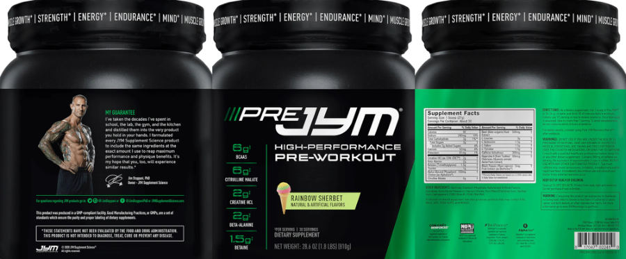 Official label of JYM Supplement Science Pre JYM High-Performance Pre-Workout Rainbow Sherbet (NIH DSLD #286247)