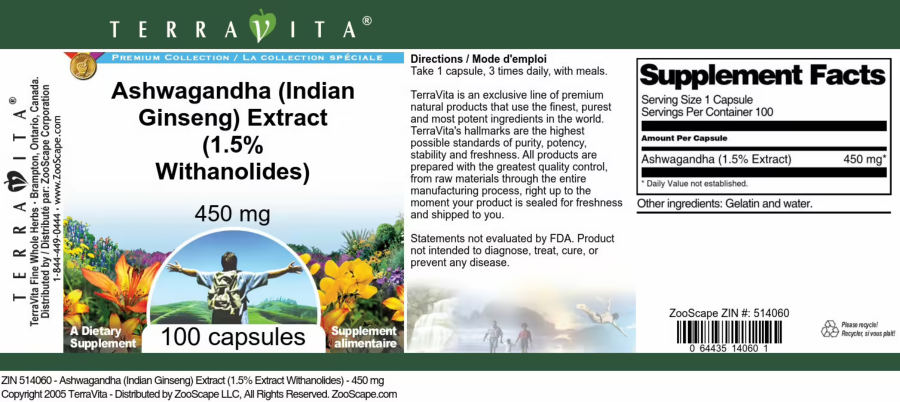 Official label of TerraVita Premium Collection Ashwagandha (Indian Ginseng) Extract (1.5% Withanolides) 450 mg (NIH DSLD #286702)