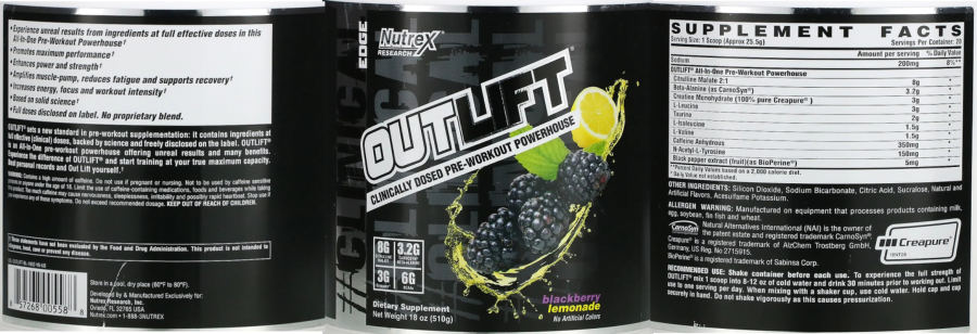 Official label of Nutrex Research Clinical Edge Outlift Blackberry Lemonade (NIH DSLD #288671)