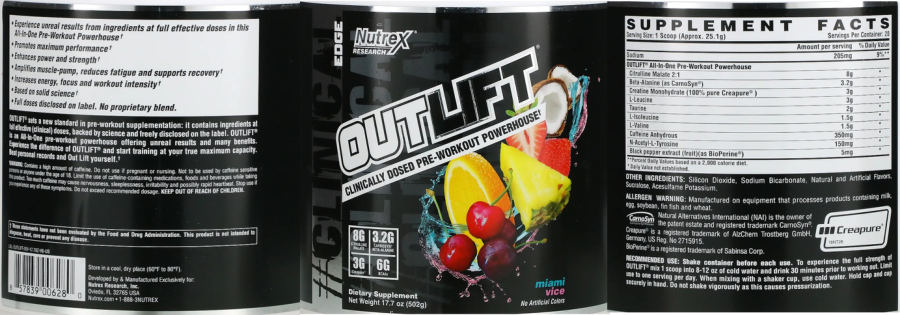 Official label of Nutrex Research Clinical Edge Outlift Miami Vice (NIH DSLD #288673)