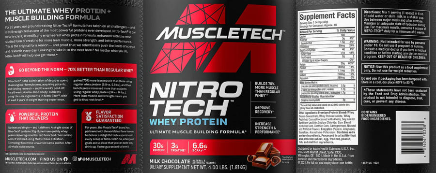 Official label of MuscleTech Nitro-Tech Milk Chocolate (NIH DSLD #288807)