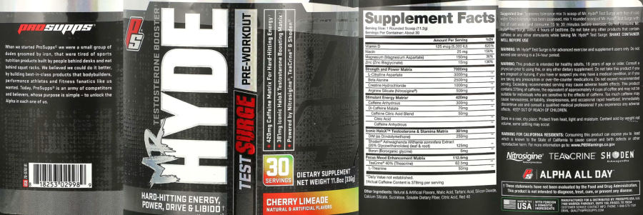 Official label of PS ProSupps Mr Hyde Test Surge Cherry Limeade (NIH DSLD #295374)