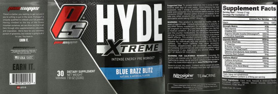 Official label of PS ProSupps Hyde Xtreme Blue Razz Blitz (NIH DSLD #295380)