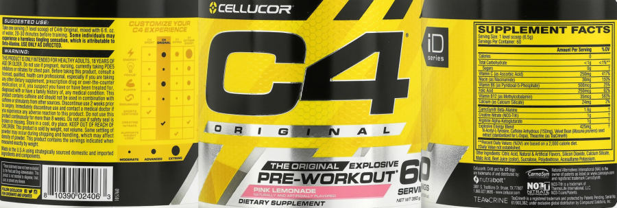 Official label of Cellucor C4 Original Pink Lemonade (NIH DSLD #296439)