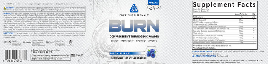 Official label of Core Nutritionals BURN Blazin' Blue Raz (NIH DSLD #297973)