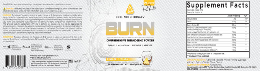 Official label of Core Nutritionals BURN Pineapple Colada (NIH DSLD #297975)
