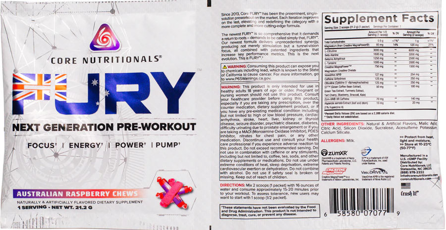 Official label of Core Nutritionals FURY Australian Raspberry Chews Sample (NIH DSLD #298373)