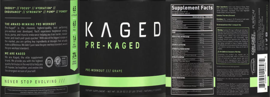 Official label of Kaged Pre-Kaged Grape (NIH DSLD #298797)