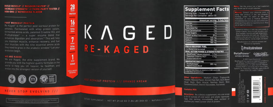 Official label of Kaged Re-Kaged Orange Kream (NIH DSLD #298828)
