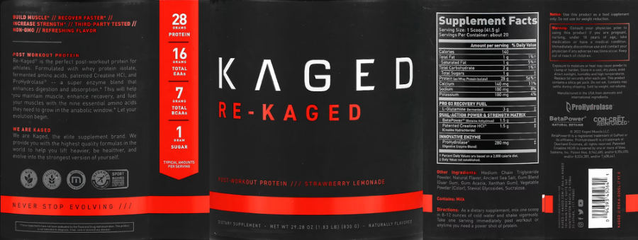 Official label of Kaged Re-Kaged Strawberry Lemonade (NIH DSLD #298829)