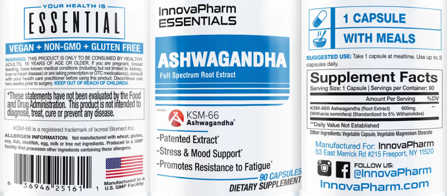 Official label of InnovaPharm Essentials Ashwagandha (NIH DSLD #299143)