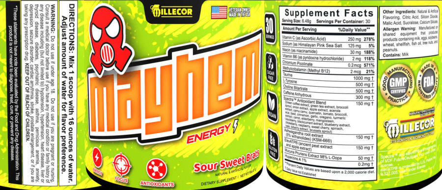 Official label of Millecor Mayhem Energy Sour Sweet Brats (NIH DSLD #299269)