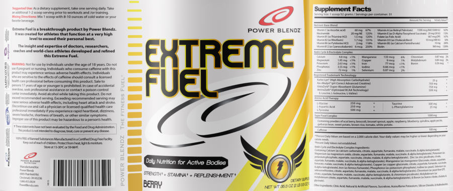 Official label of Power Blendz Extreme Fuel Berry (NIH DSLD #299285)