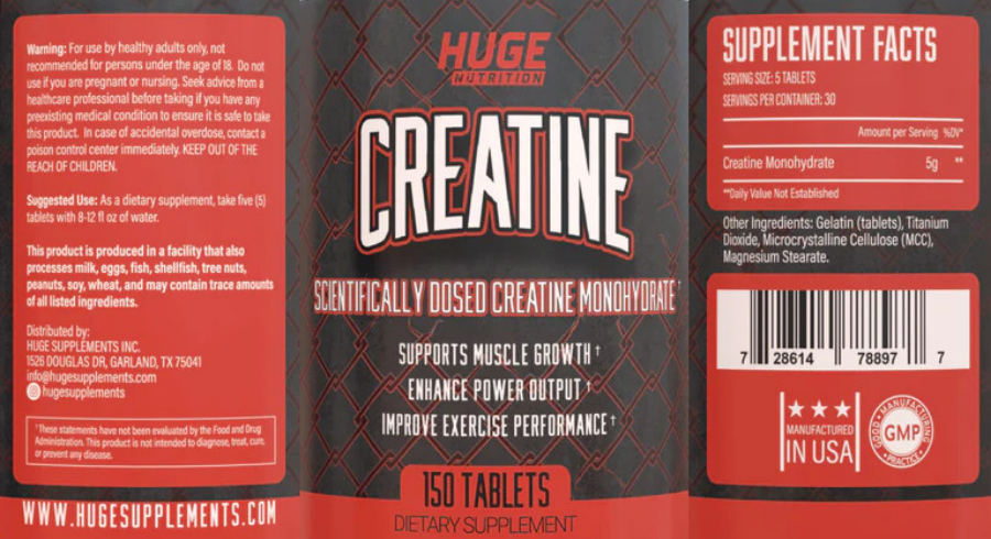 Official label of Huge Nutrition Creatine (NIH DSLD #299799)