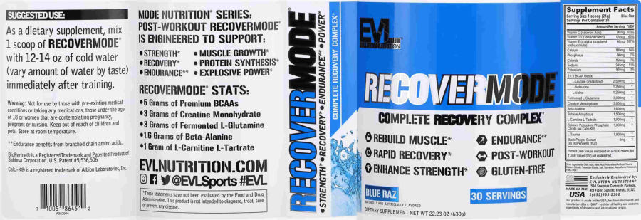 Official label of Evlution Nutrition RecoverMode Blue Raz (NIH DSLD #302141)