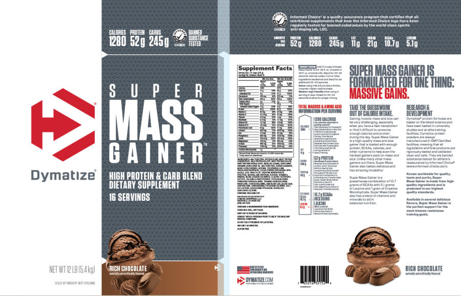 Official label of Dymatize Super Mass Gainer Rich Chocolate (NIH DSLD #302421)