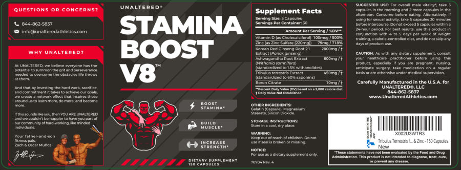 Official label of UNALTERED Stamina Boost V8 (NIH DSLD #302446)