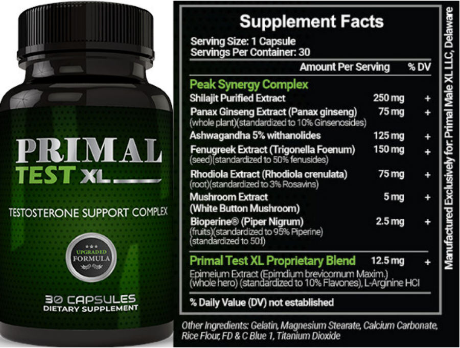 Official label of Primal Male XL Primal Test XL (NIH DSLD #303542)