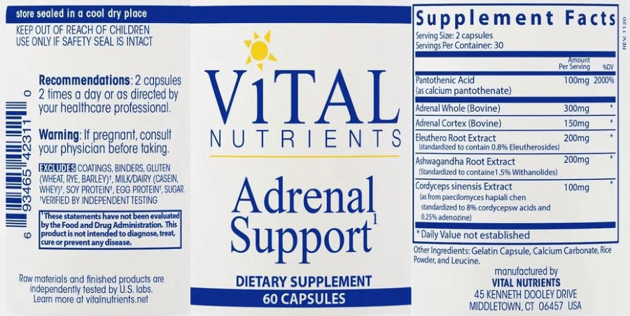 Official label of Vital Nutrients Adrenal Support (NIH DSLD #304937)