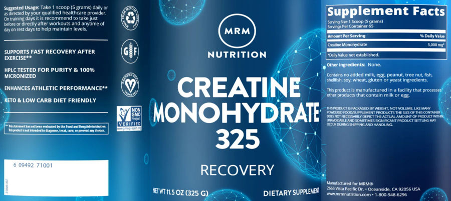Official label of MRM Nutrition Creatine Monohydrate 325 (NIH DSLD #305112)