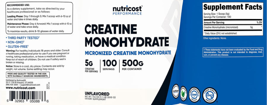 Official label of Nutricost Performance Creatine Monohydrate 5 g Unflavored (NIH DSLD #306203)