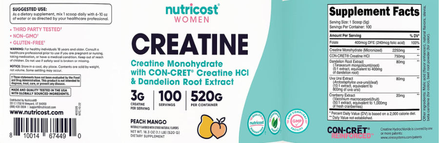 Official label of Nutricost Women Creatine 3 g Peach Mango (NIH DSLD #306204)