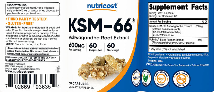 Official label of Nutricost KSM-66 600 mg (NIH DSLD #306237)