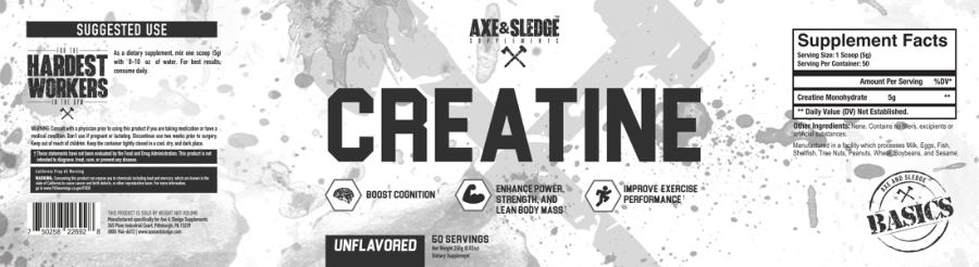 Official label of Axe & Sledge Supplements Creatine Unflavored (NIH DSLD #307171)