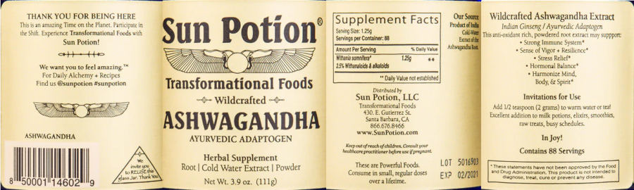Official label of Sun Potion Ashwagandha (NIH DSLD #307986)