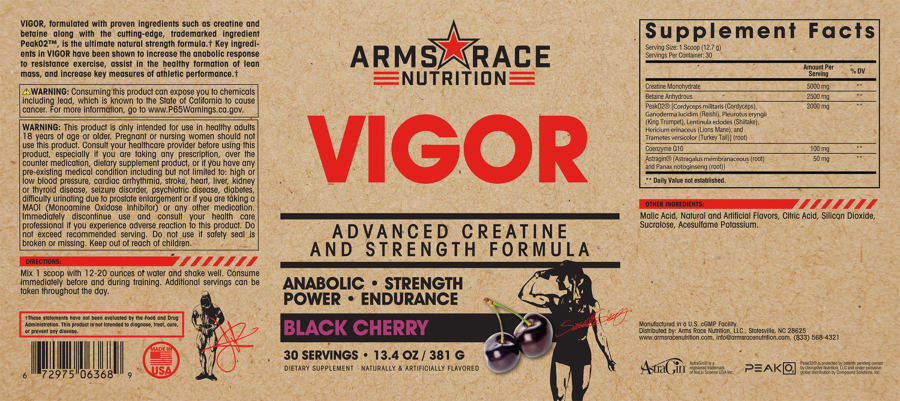 Official label of Arms Race Nutrition Vigor Black Cherry (NIH DSLD #308173)