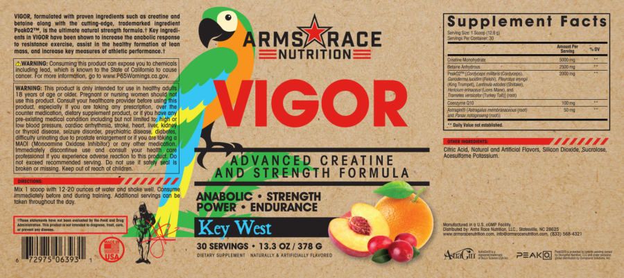 Official label of Arms Race Nutrition Vigor Key West (NIH DSLD #308175)