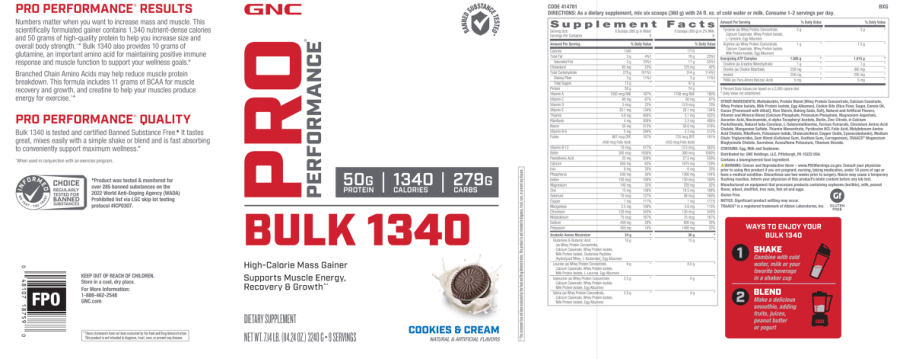 Official label of GNC Pro Performance Bulk 1340 Cookies & Cream (NIH DSLD #308692)