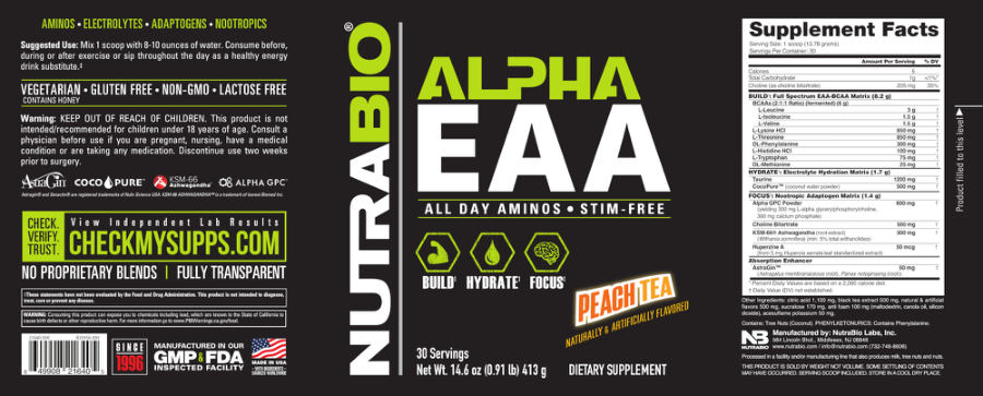 Official label of NutraBio Alpha EAA Peach Tea (NIH DSLD #309324)