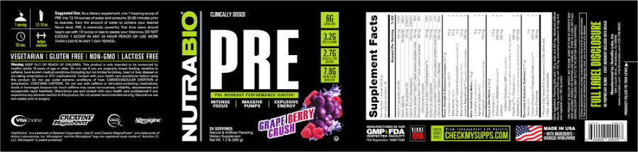 Official label of NutraBio PRE Grape Berry Crush (NIH DSLD #309364)