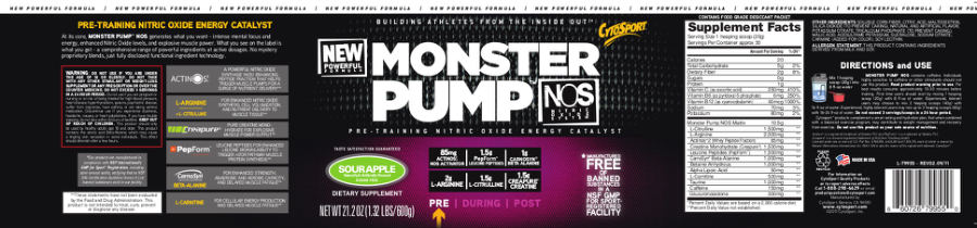Official label of CytoSport Monster Pump Sour Apple (NIH DSLD #30971)