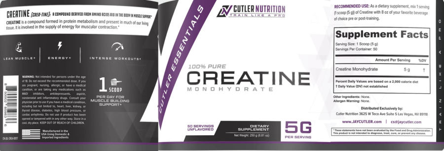 Official label of Cutler Nutrition Cutler Essentials Creatine Monohydrate Unflavored (NIH DSLD #310074)
