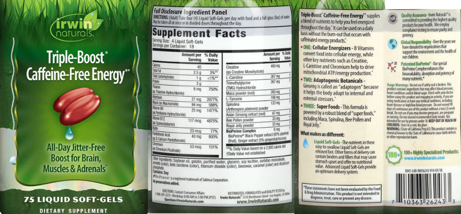 Official label of Irwin Naturals Triple-Boost Caffeine-Free Energy (NIH DSLD #310932)